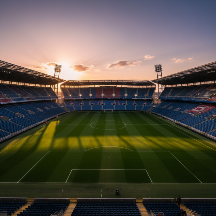 Estádio vazio ao pôr do sol