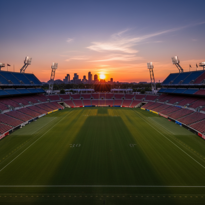 Vista aérea do Estádio da Gávea, sede do Clube de Regatas do Flamengo, com uma sobreposição digital de um sinal de alerta vermelho.