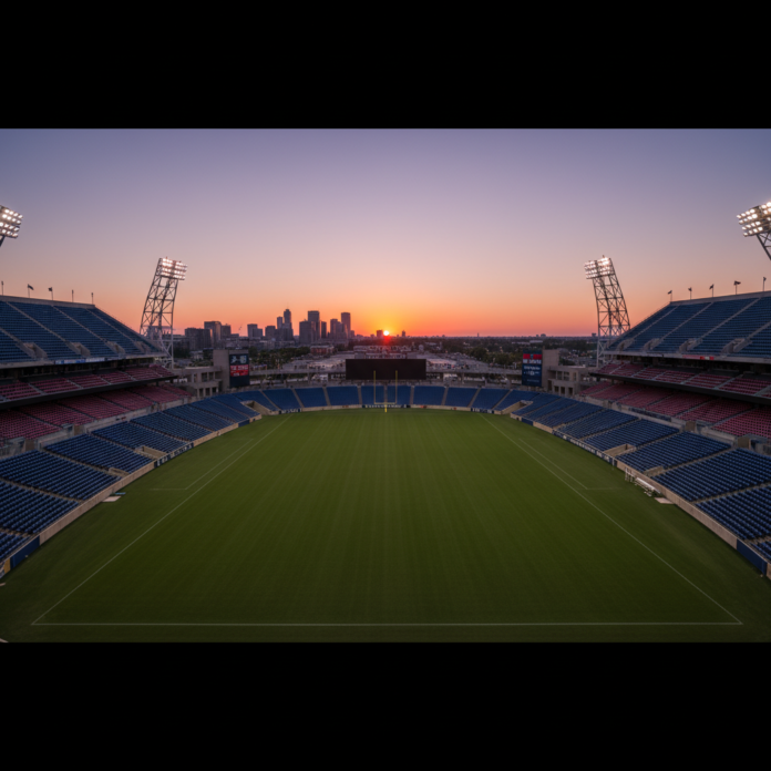 Imagem de um campo de futebol com pessoas circulando, simulando uma situação de tráfico de drogas.
