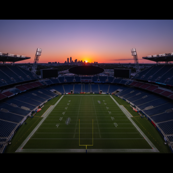 Escudo do São Paulo Futebol Clube em destaque sobre um fundo de campo de futebol.