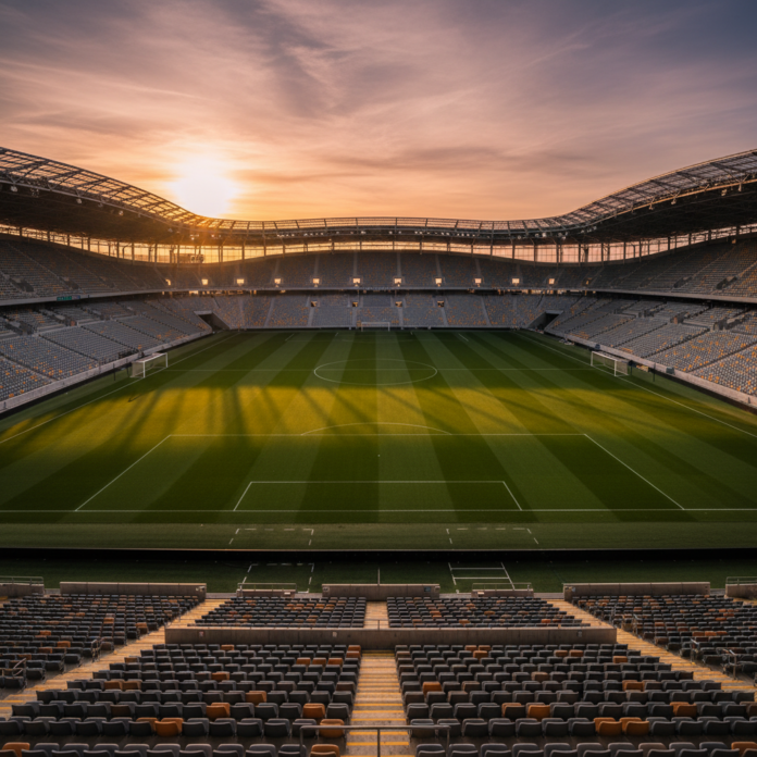 Imagem aérea do projeto arquitetônico do Miami Freedom Park, o novo estádio do Inter Miami, com suas arquibancadas em destaque.